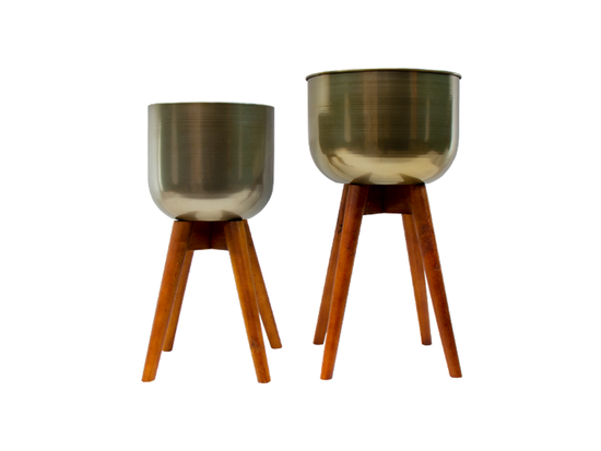 Set De 2 Maceteros Metal Y Patas En Madera