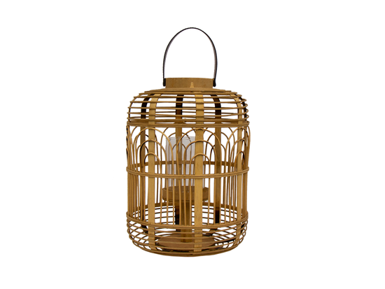 Farol Bohemio De Bambú Y Asa De Cuero I