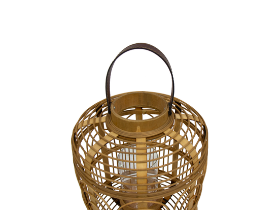 Farol Bohemio De Bambú Y Asa De Cuero I
