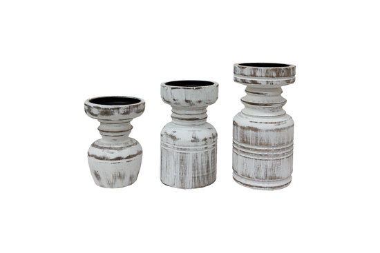 Set De 3 Porta Velas En Madera Tallada Acabado Blanco Avejenado