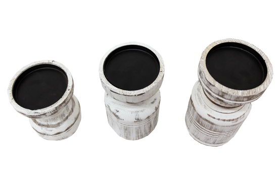 Set De 3 Porta Velas En Madera Tallada Acabado Blanco Avejenado