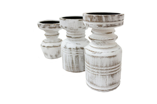 Set De 3 Porta Velas En Madera Tallada Acabado Blanco Avejenado