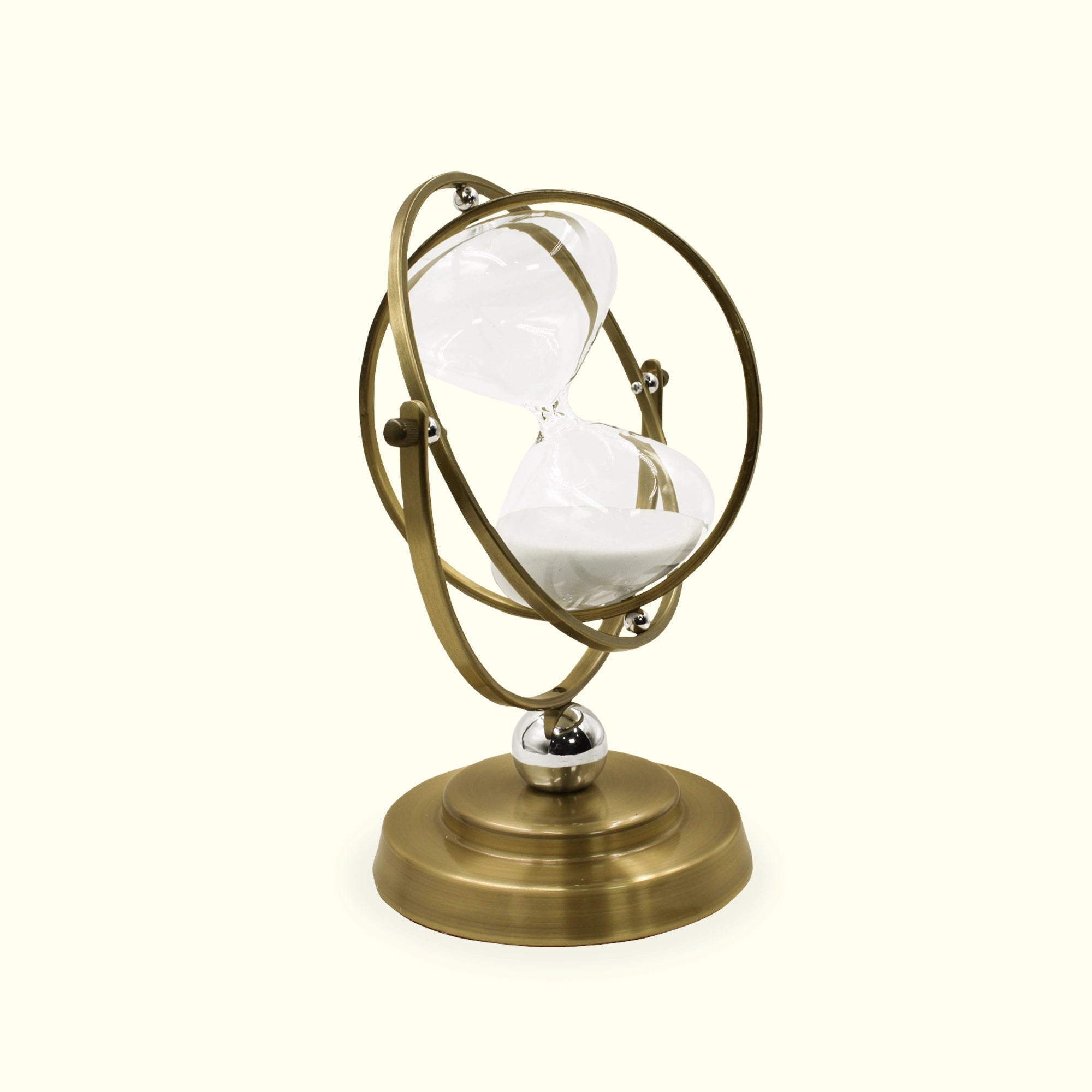 Reloj Giratorio Decorativo de Metal y Vidrio con Arena Blanca