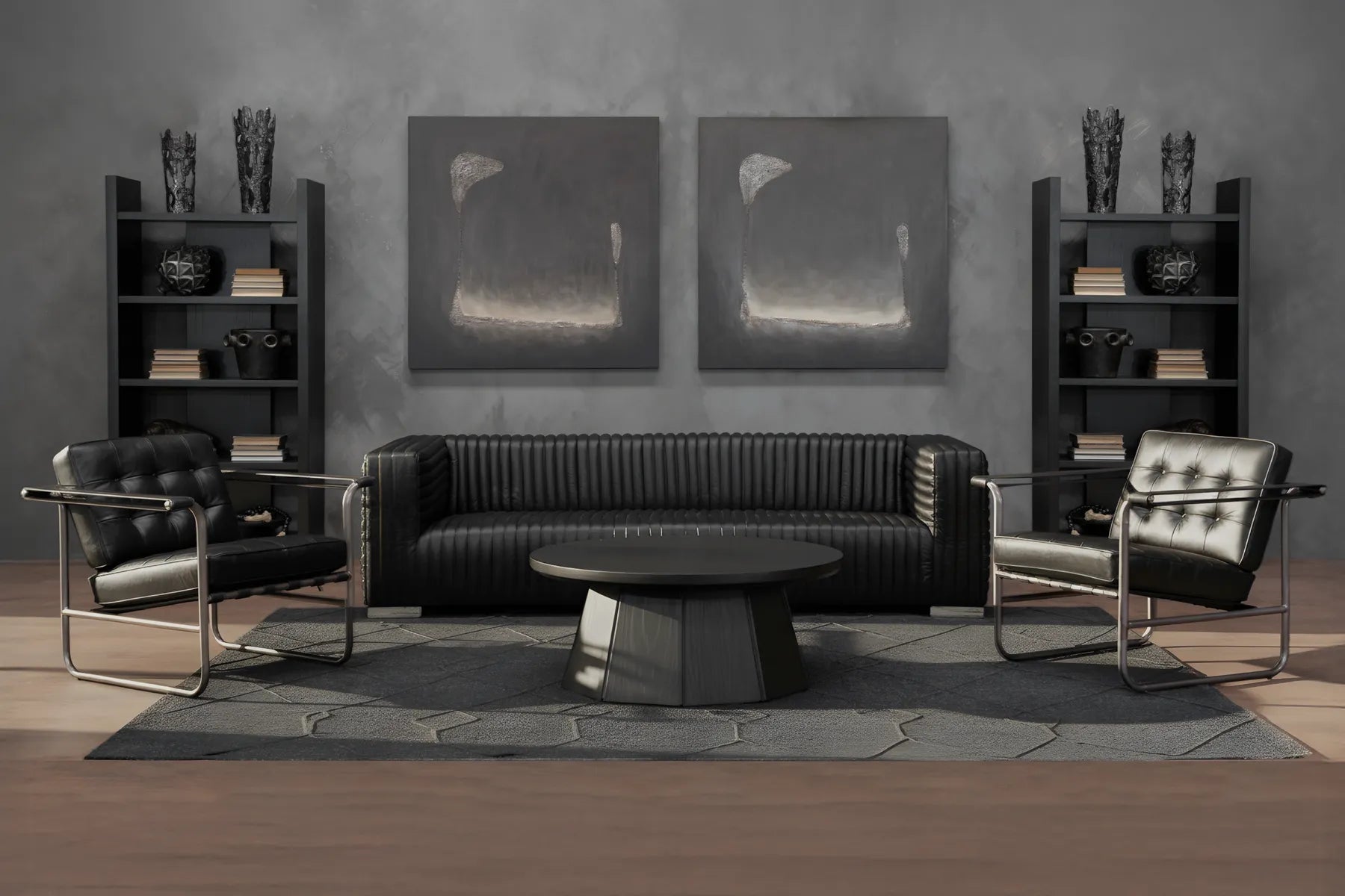 Sofá de piel negro minimalista con diseño contemporáneo
