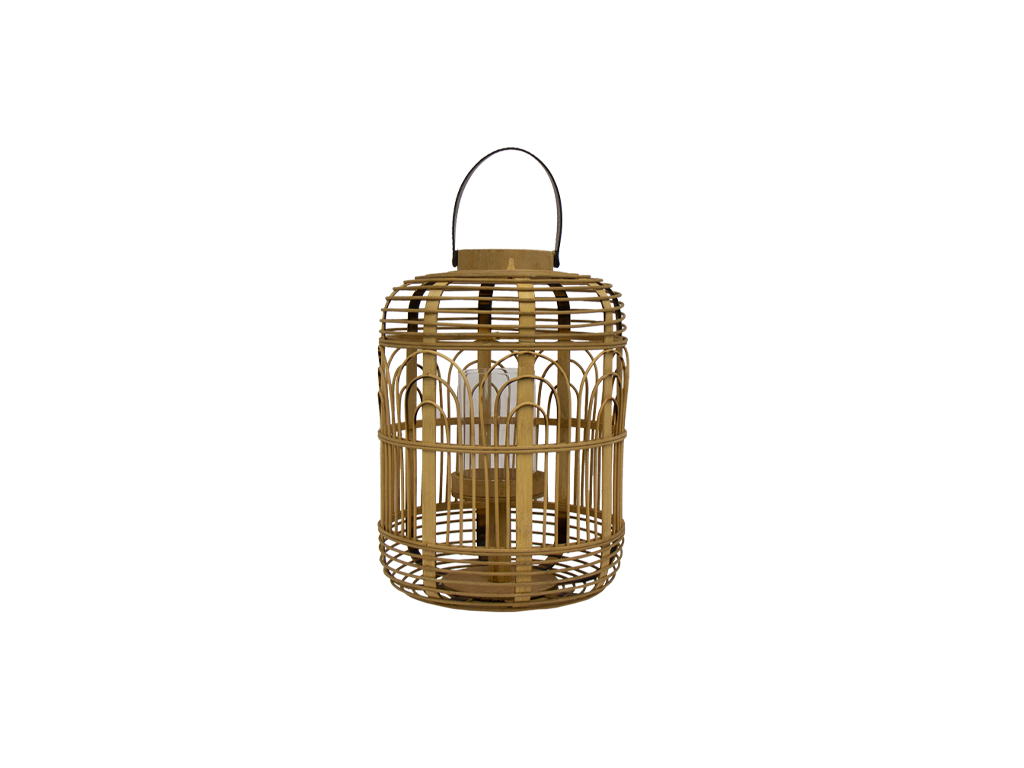 Farol Bohemio De Bambú Y Asa De Cuero II