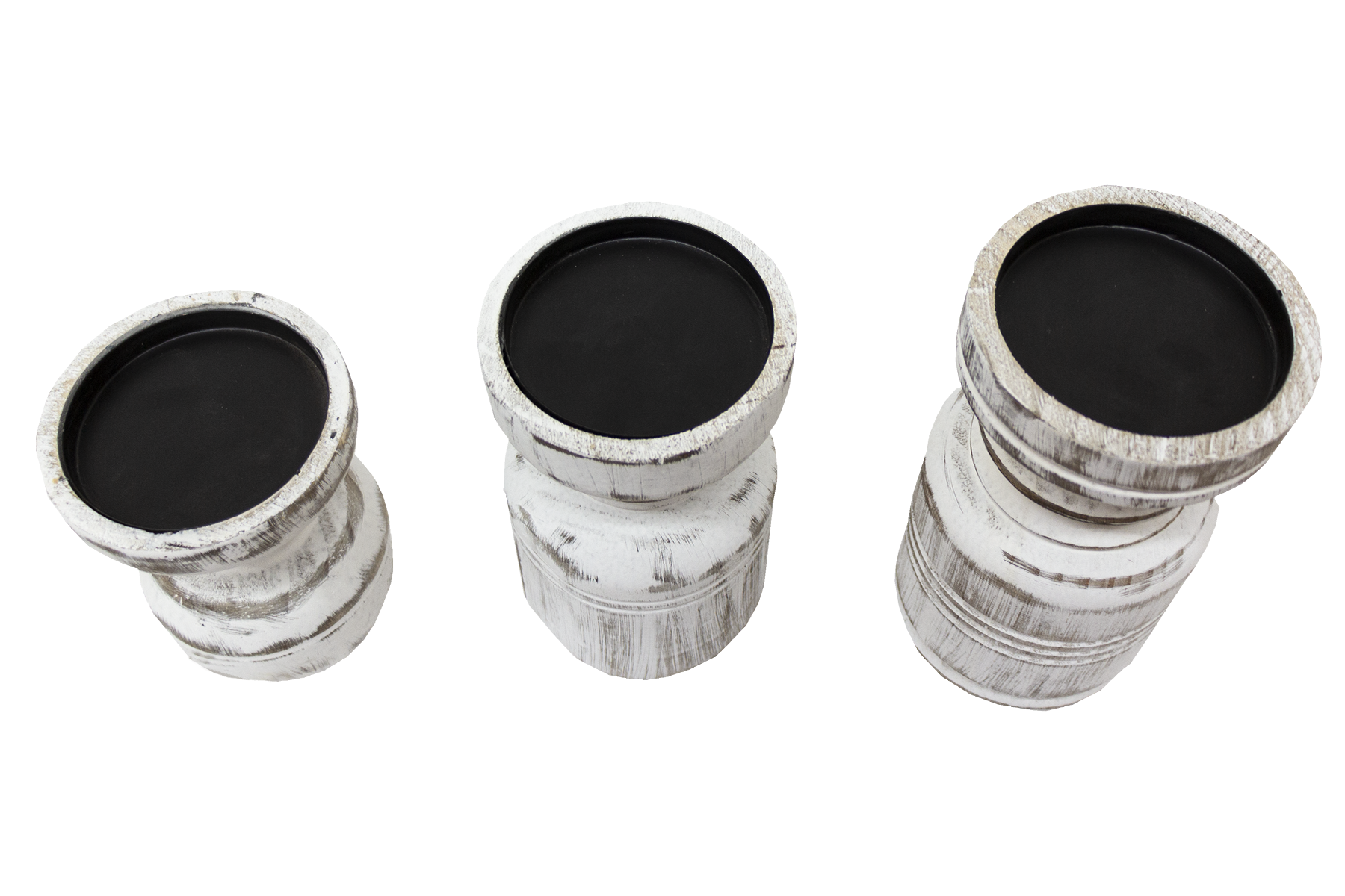 Set De 3 Porta Velas En Madera Tallada Acabado Blanco Avejenado